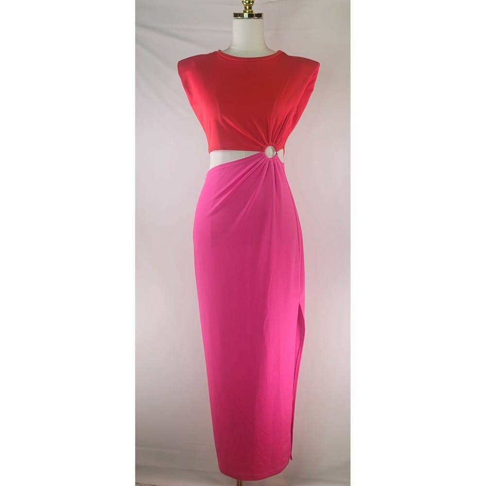 FORE Colorblock Cutout Maxi Dress M‎ Pink Red Shoulder Pad Side Slit Bodycon